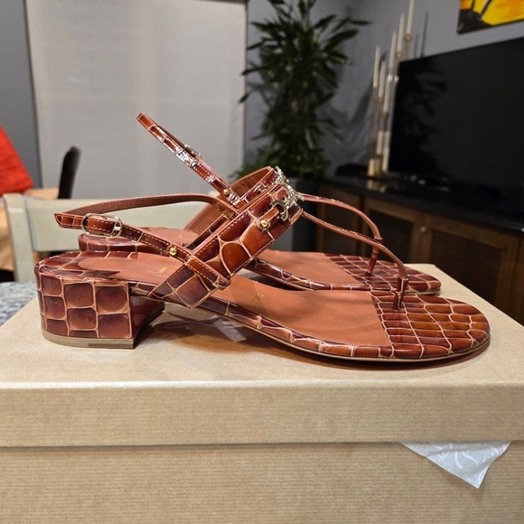 NEW Christian Louboutin MJ Thong 25 Tan T-Strap Croc Leather Sandals - Picture 5 of 11